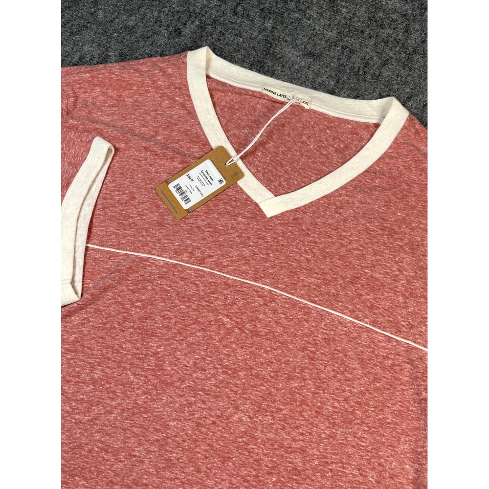 Marine Layer XXL V Neck T-Shirt Short Sleeve‎ Heathered Red White Trim New
